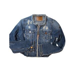 Distressed Raw Hem Cropped Jean Jacket Sz M Rose Gold Accents Y2K Boho Grunge